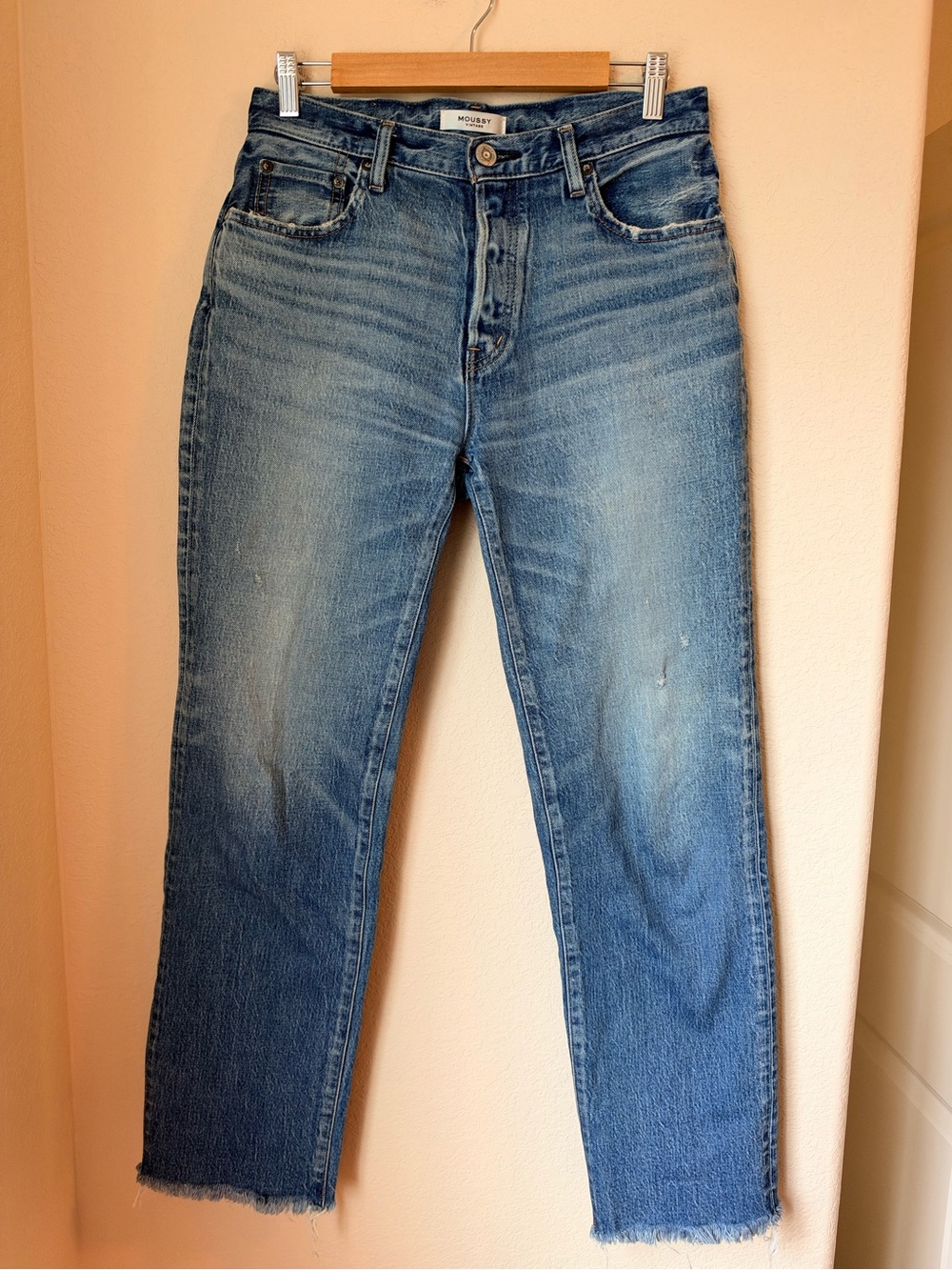 Moussy Vintage Size 26 Distressed Straight Leg Jeans Raw Hem Japanese Denim